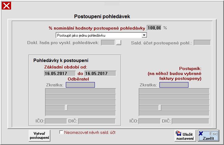 Upozornění Před samotným postupováním pohledávek je důležité nastavit nákladový a výnosový účet pro postoupení pohledávek.