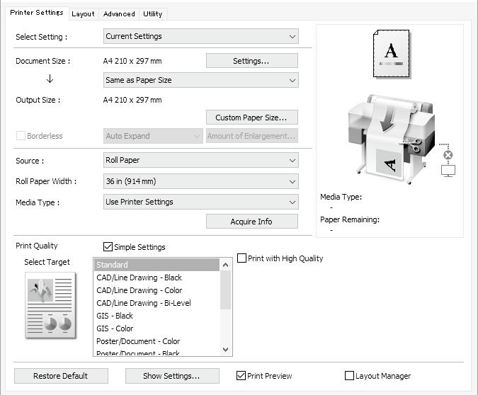 D Na kartě Printer Settings (Nastavení tiskárny) vyberte možnost CAD/Line