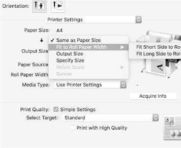 Vyberte Output Size (Velikost výstupu) - Fit to Roll Paper Width (Upravit na šířku nekonečného papíru) a potom vyberte, zda se má šířce nekonečného papíru