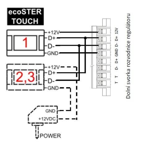 Pro dvou vodičové připojení je nezbytné použít externí zdroj napájení 5V nebo 12V DC s minimálním proudem 400mA. Svorky GND a VCC připojte k externímu napájecímu adaptéru.