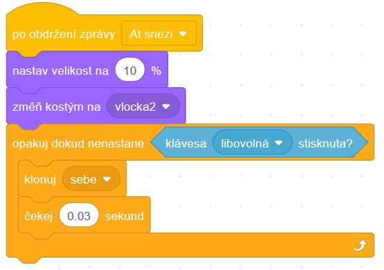 Postava vločky: Nastavení velikosti a tvaru vločky. Klonování přestane po stisknutí libovolné klávesy. (Sněžení se přeruší libovolnou klávesou.) Klonování vločky.