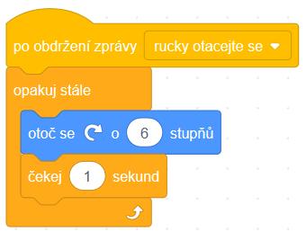 1/120 a 6 postupně použijeme ve scénářích pro ručičky: Velká ručička se za 1 sekundu otočí o úhel 1/10 stupně. Malá ručička se za 1 sekundu otočí o úhel 1/120 stupně.