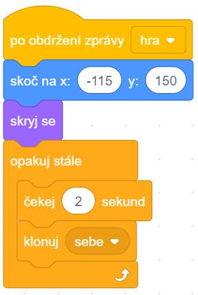 ŘEŠENÍ ÚLOHY: Postava se zapojí do hry po obdržení zprávy o začátku hry: hra. Souřadnice místa, do něhož se postava nastaví na začátku hry a z něhož pak budou padat její klony.