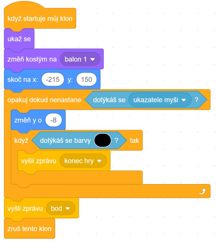 Scénář pro postavu Kulička 1: Když se hráč dotkne myší postavy Kuličky (1-4), objekt zmizí a Body se zvýší o 1.