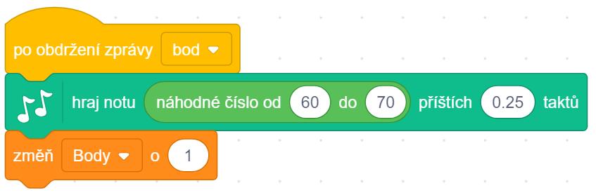 ŘEŠENÍ ÚLOHY: Po dotyku padající postavy s ukazatelem myši se zahraje tón, jehož kód je náhodně vybrán z intervalu <60; 70>. Délka tónu je nastavena na 0.25 taktu (čtvrťový).