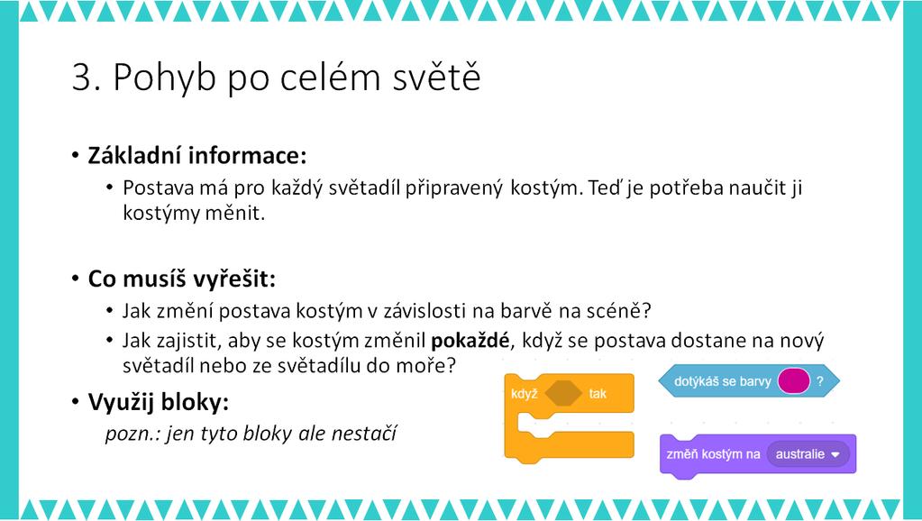 MOŽNÉ POTÍŽE: - Žák nerozumí pohybu postavy s využitím souřadného systému nakreslete s žáky osu x a osu y a demonstrujte pohyb nějakým reálným objektem tak, aby žák pochopil, jak se budou souřadnice
