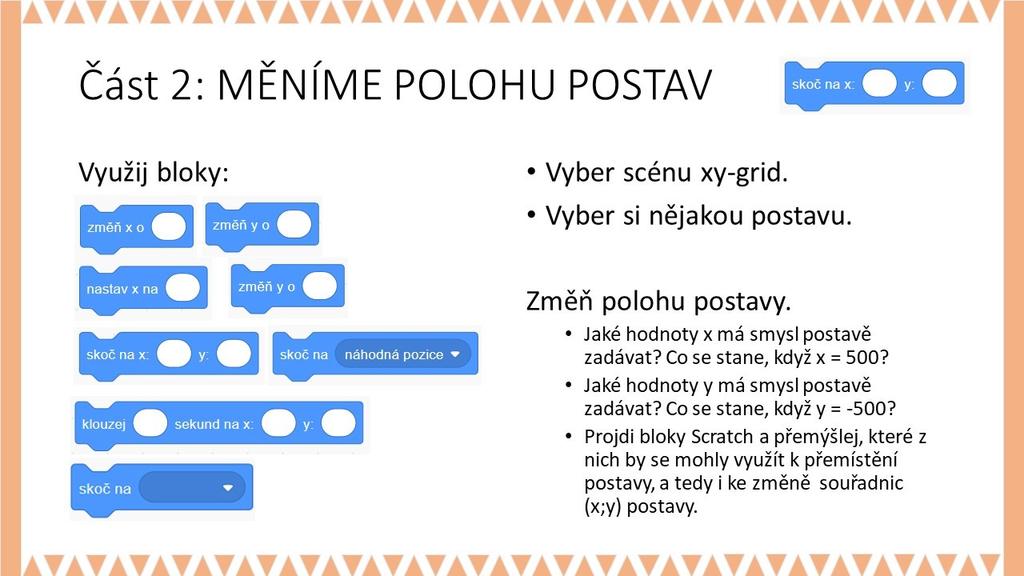 souřadnic v xy- systému, zadávají postupně x-ovou a y-ovou souřadnici pro umístění míčku a jeho následného odpálení hráčem. Poznámka: Ukázka ve Scratch netestuje správnost žákem vložených dat x a y.