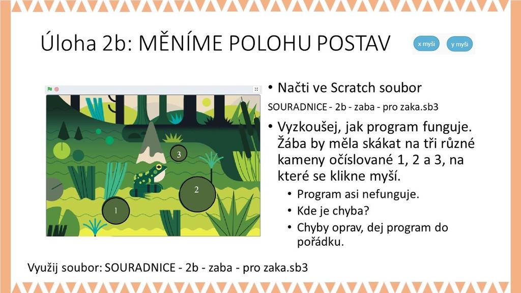 sb3 jako s ukázkou toho, jak lze měnit hodnoty polohy postavy (kuličky) pomocí proměnné ZMĚNA-KROKU,