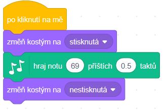 Pozornost věnujte práci ve scénáři s bloky HUDBA, pomocí kterého je zapotřebí doplnit funkce kláves.