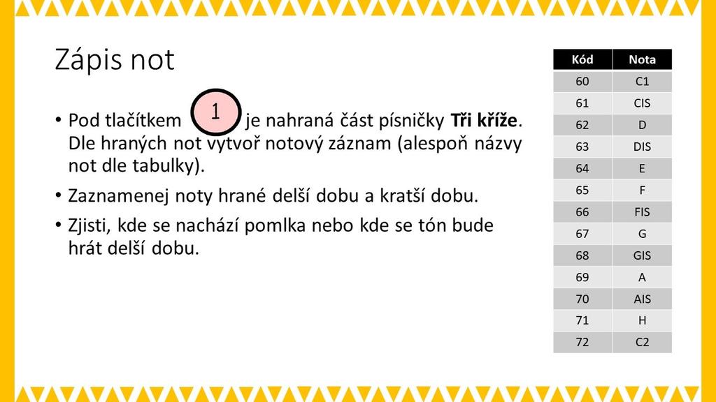 PRACOVNÍ LIST PRO ŽÁKA - SNÍMEK 4 METODICKÉ POZNÁMKY: Tato aktivita je opačnou aktivitou k předchozí úloze. Žáci mají zaznamenat notami nebo notovým zápisem konkrétní písničku.