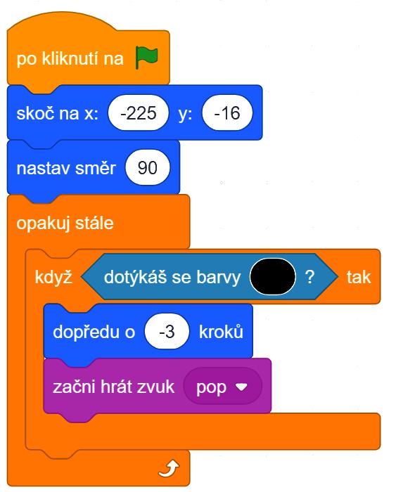 po kliknutí na praporek přesun na startovní pozici a natočení výchozím směrem neustále opakujeme test na