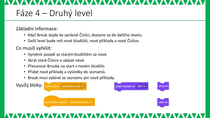 ZÁVĚR: Žák má vytvořený svůj vlastní projekt, s Broukem (či vlastní postavou), kterého ovládá pomocí kláves a který se pohybuje bludištěm. Pohyb Brouka je omezen stěnami bludiště.