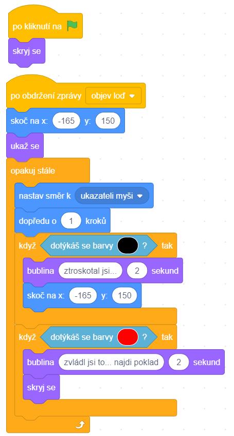 Žák by následně měl řešit dotyk s ostrovem a červeným křížkem. Diskutujte s žáky, jak bude vypadat podmínka pro dotyk a jaké bloky k tomu budou potřebovat.