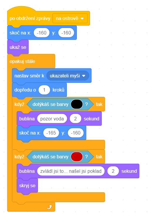 ŘEŠENÍ ÚLOHY: Postava se má objevit vždy na konkrétní (výchozí) pozici, a to ve chvíli, kdy je přijata zpráva na ostrově.
