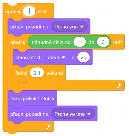 Světelné efekty tak můžeme vyřešit jednak pomocí střídání scén (pozadí) po různých časových