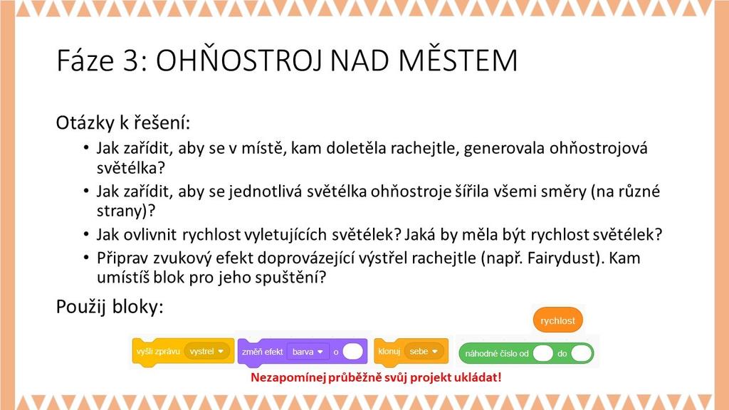 METODICKÉ POZNÁMKY: Zavedeme postavu světélko (např. v podobě kuličky, hvězdičky), která se objeví na scéně v místě, kam vyletí rachejtle, a bude se klonovat (KLONUJ SEBE).