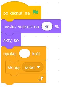 ŘEŠENÍ ÚLOHY: Ve scénáři pro rachejtli můžeme použít cyklus OPAKUJ STÁLE, aby vylétla rachejtle kdykoliv, když se do scény klikne myší. Do scénáře pro rachejtli zařadíme VYŠLI ZPRÁVU TŘESK.