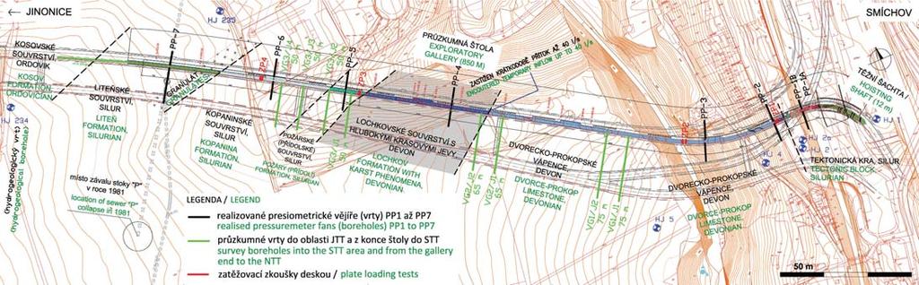 Obr. 3 Situace průzkumné štoly s vyznačenými pracemi inženýrskogeologického průzkumu Fig.