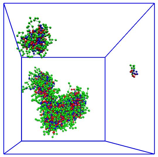 Comparing the neutral and charged aggregates we see the charged ones have cores composed of A beads only partly intermixed with the soluble B beads, while the neutral aggregates have more intermixed
