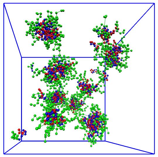 15: Bead density, ρ(r), from aggregate center of mass for = 2 (neutral system) and = 3 (both charged systems) in a selective solvent (a A,S = a