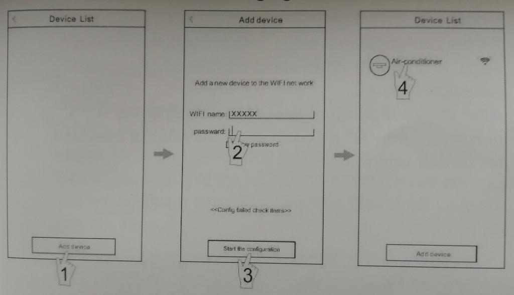 - 6 - Konfigurace - nastavení zařízení Po stažení řídícího software (aplikace) a jeho instalaci do mobilního zařízení, proveďte konfiguraci klimatizace podle následujících obrázků. - 7 - Poznámka: 1.