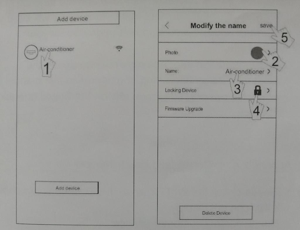 Správa - ovládání klimatizačního zařízení 1. Nastavení a uzamčení zařízení V seznamu zařízení Device list stiskněte a držte déle než 0.