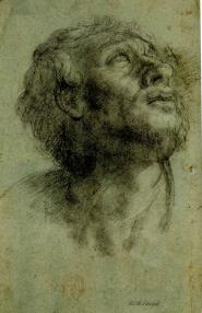 44. Studie hlavy svatého Petra Černá křída, vysvětleno bělobou, 380 x 247 mm,