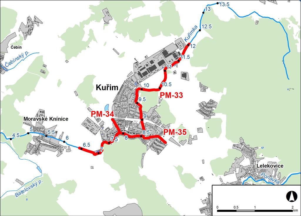 1. LOKALIZACE Předmětem řešeného území je úsek na řece Kuřimka v km 6,440 12,036 *, Luční potok v km 0,000 0,418 * a Mozovský potok 0,000 0,703 Obr. č. 1 Přehledná mapa řešeného území 2.