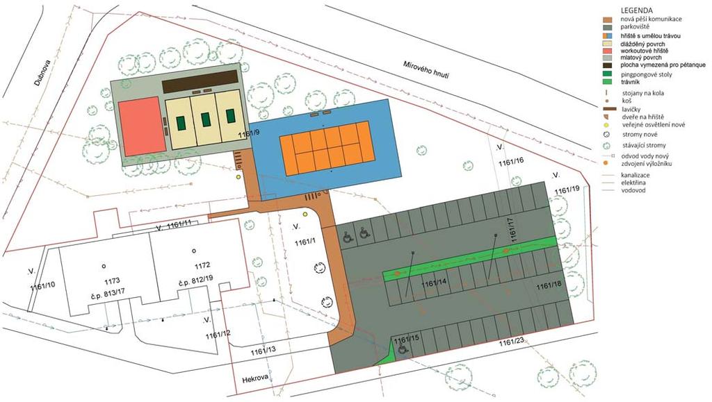 Východní hřiště bude využito pro volejbal a nohejbal, bude oploceno a ve večerních a nočních hodinách uzamčeno. Západní hřiště bude využito pro workout, stolní tenis a pétanque.