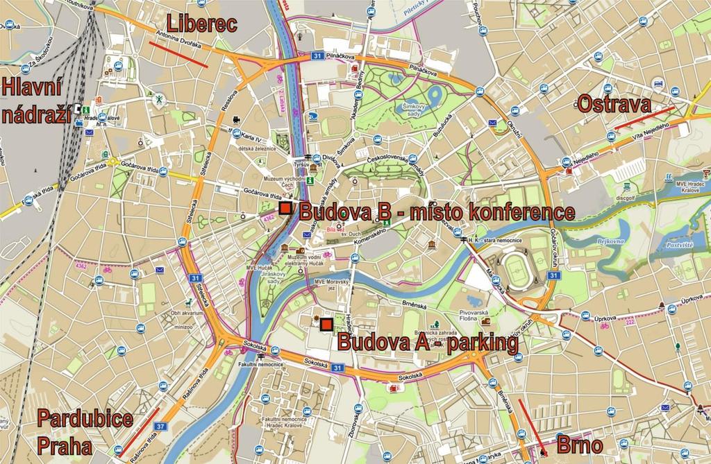 Budova B místo možnosti konference (50.2099358N, 15.8264172E). U budovy A je možné bezplatné parkování zde (50.2025883N, 15.8311269E). Building B - conference venue (50.2099358N, 15.8264172E). Free parking is available at Building A (50.