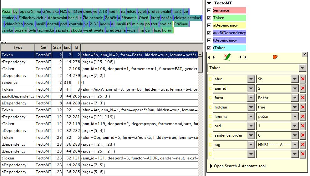 Figure 6.7: PDT annotations in GATE (screenshot). GATE annotation has a unique identifier (ID) and an arbitrary set of features (name-value pairs) can be assigned to it.