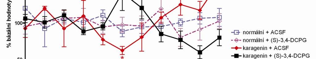 Obr. 40. Hodnoty extracelulární hladiny GABA měřené před, při a po perfuzi umělým cerebrospinálním mokem (ACSF, artificial cerebrospinal fluid) či (S)-3,4-DCPG do oblasti centrální amygdaly.