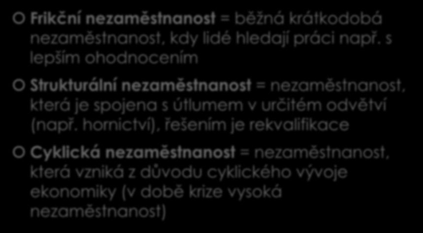 Druhy nezaměstnanosti Frikční nezaměstnanost = běžná krátkodobá nezaměstnanost, kdy lidé hledají práci např.