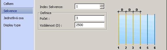 V našem příkladě upravte počet os takto: 1. Klepněte do karty Sekvence. 2. Nastavte Počet na 3. Všimněte si, že vzdálenost je automaticky změněna. Nová hodnota by měla být 2500.