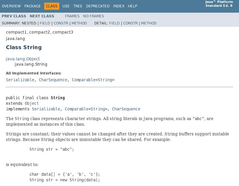 Hierarchie tříd v knihovně JDK Třída String V dokumentaci jazyka Java můžeme najít následující obrázek Třída String je odvozena od třídy Object Třída implementuje rozhraní Serializable, CharSequence