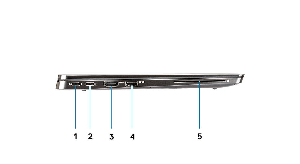 4 Kamera (infračervená/barevná) 5 Indikátor stavu kamery 6 Infračervený vysílač 7 Snímač okolního světla (ALS) 8 Panel displeje 9 Kontrolka stavu baterie / diagnostiky Pohled zleva 1 Port USB 3.