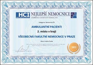 Oblast: Bezpečnost a spokojenost pacientů (hospitalizovaných), kategorie Nemocnice ČR: VFN obsadila 3. místo v kraji.