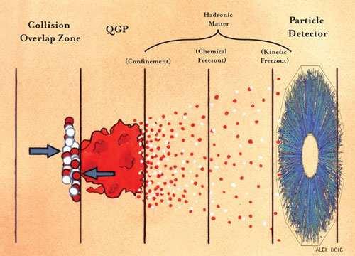 Figure.3: An image showing the time evolution of the stages in a heavy ion collision. he hadronization period is further divided into two smaller time intervals, before and after chemical freeze-out.