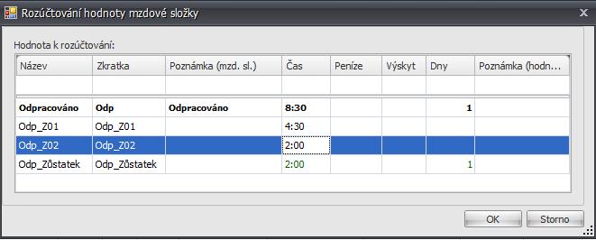 Obr. 5: Rozúčtování mzdové složky Odpracováno v agendě Osobní výkaz 3.