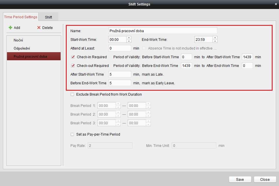 Str. 06 Správné nastavení časového období. 8. Klikněte na Shift Schedule Management -> Shift Setting -> Shift zde klikněte na pro přidání nové periody. 9.