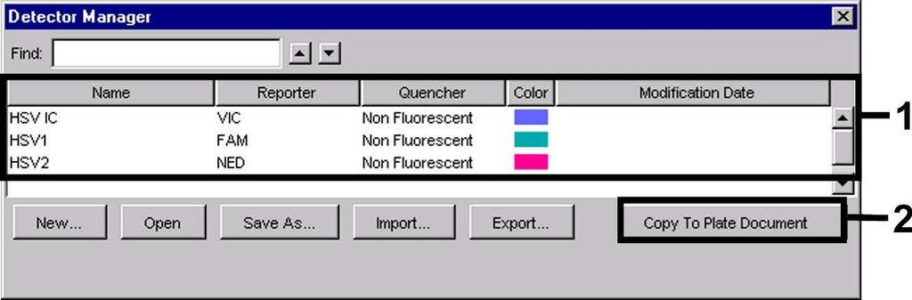 HSV-2 DNA, pro prkaz Interní kontroly vyberte kombinaci VIC/Non Fluorescent. Potvrzením údaj (OK) se vrátíte zpt do Detector Manager.