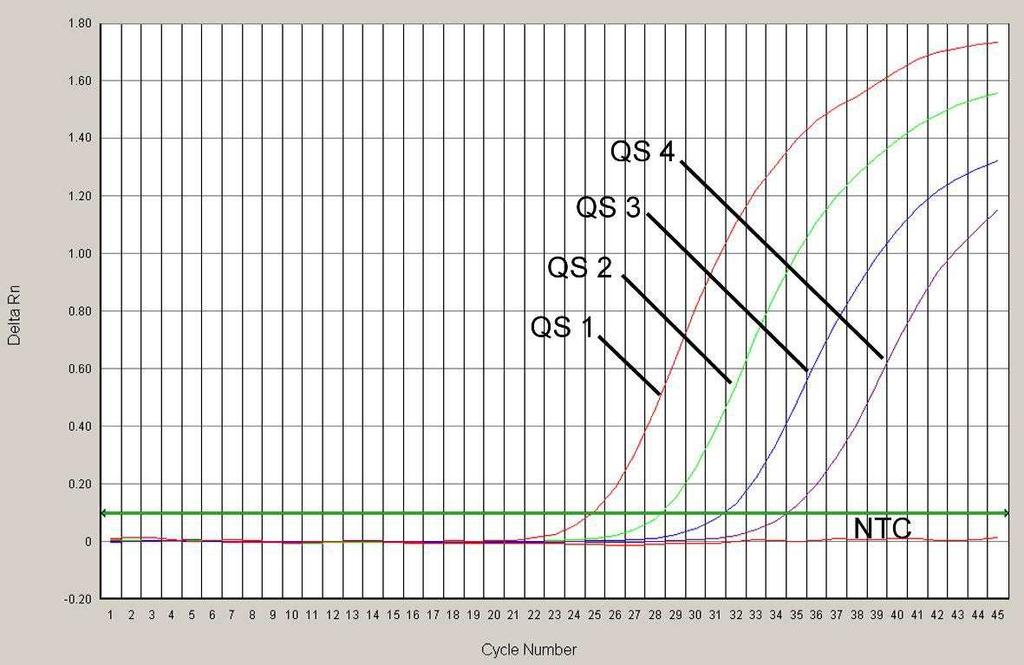 Obr. 22: Prkaz Kvantifikaních standard (HSV2 LC/RG/TM QS 1-4) detekcí fluorescenního signálu NED (ABI