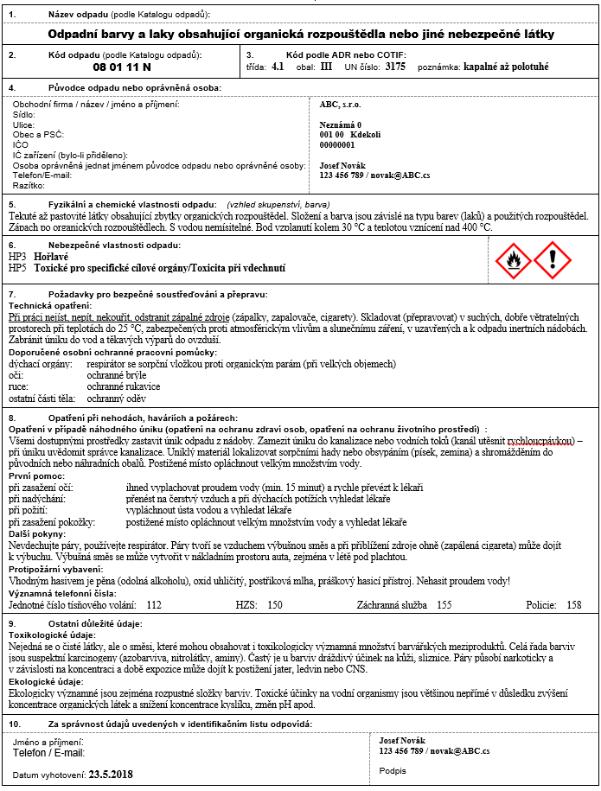 Příklad zpracování Identifikačního listu nebezpečného odpadu (příloha 3