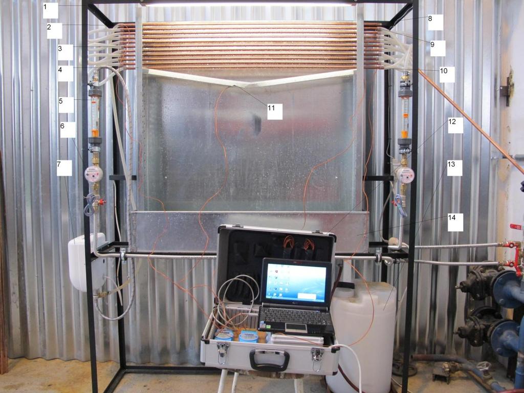 Obr. 3 Experimentální zkrápěný trubkový výměník 1) Nosný rám 2) Termočlánek 1 - snímá vstupní teplotu zkrápěné kapaliny 3) Testované trubky 4) Testovací sekce umoţňuje testovat zkrápění trubek o