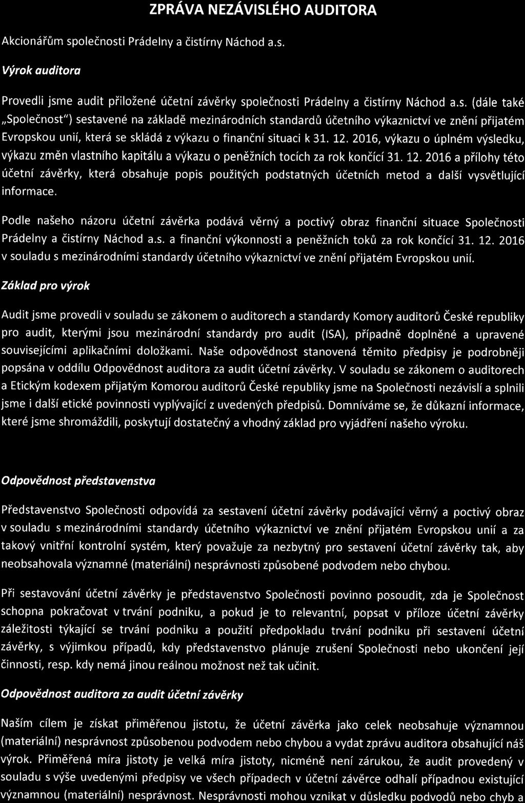 zprava N EzAvtsLEno Ru otrora Akciondi0m spolednosti Prddelny a distirny Ndchod a.s. Vyrok duditora Provedli jsme audit piilozen6 ddetni zdvdrky spolednosti Prddelny a distirny Ndchod a.s. (ddle tak6,,spolednost") sestaven6 na zdklade mezindrodnich standard0 6detniho vrikaznictvive zndni piijat6m Evropskou unii, kterd se sklddd zv'ikazu o finandni situaci k31.