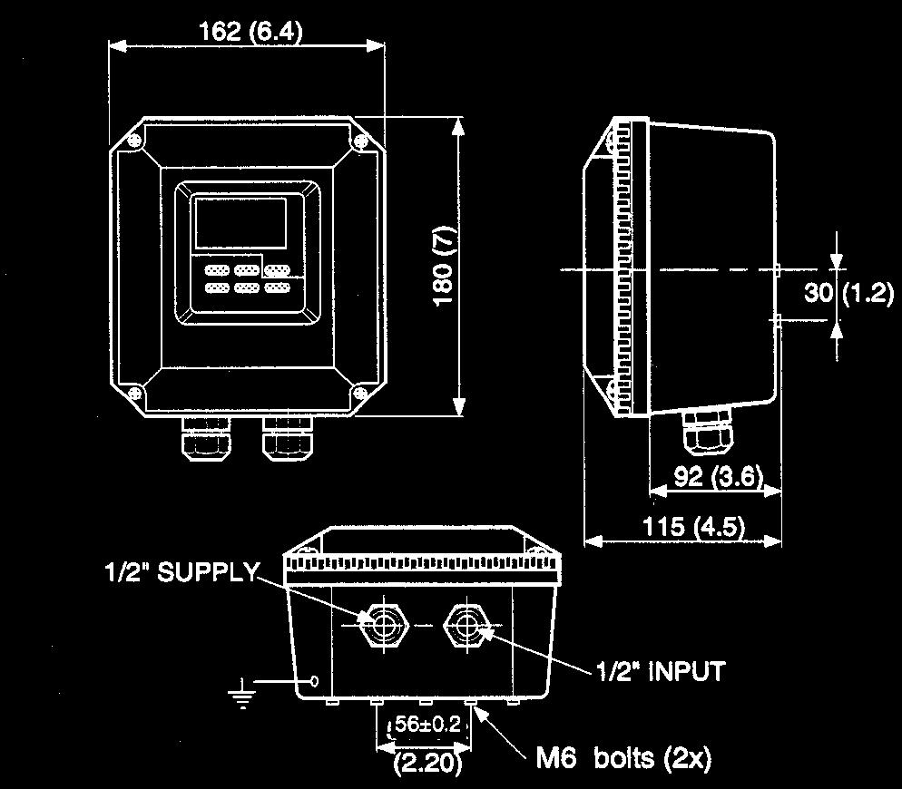 6 ROZMĚRY 1/2" NAPÁJENÍ 1/2" VSTUP ŠROUBY M6 (2x) ROZMĚRY VÝŘEZU PANELOVÉ ROZMÍSTĚNÍ ROZMĚRY VÝŘEZU Výřez připojovacího panelu, rozteč a montáž Rozměry Montáž na stěnu Montáž do potrubí (vertikální)