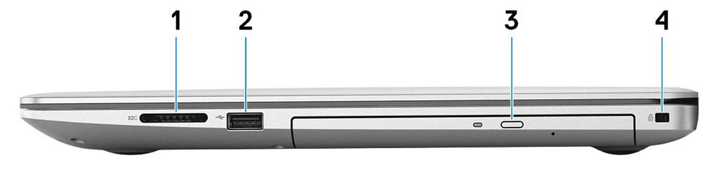 Pohledy na počítač Inspiron 3585 2 Vpravo Pro počítače s optickou jednotkou 1 Slot karty SD Slouží ke čtení z karty SD a zápisu na ni. 2 Port USB 2.