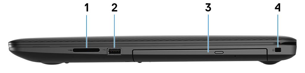 Pohledy na počítač Inspiron 3780 3 Vpravo 1 Slot karty SD Slouží ke čtení z karty SD a zápisu na ni. 2 Port USB 2.