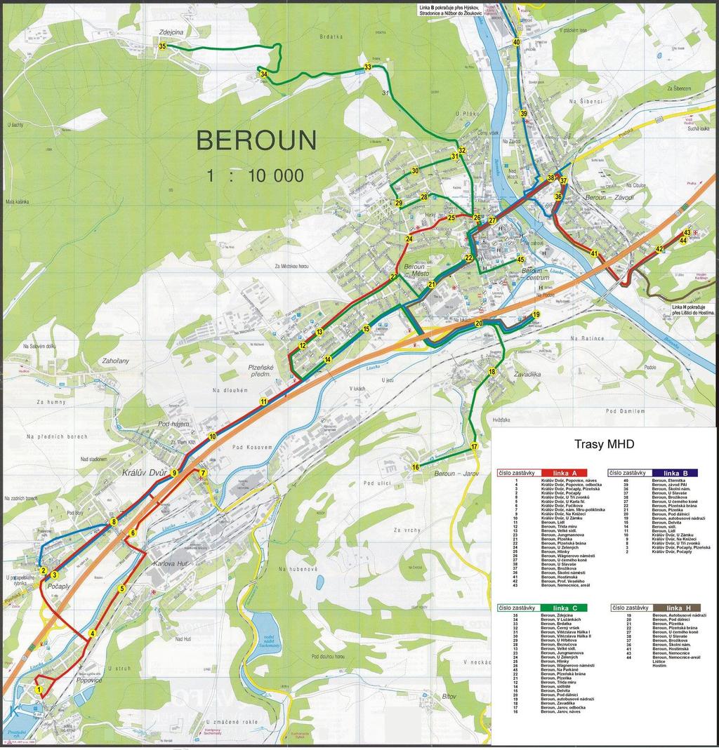 Obrázek 26 Oficiální mapa MHD Beroun Zdroj: ARRIVA STŘEDNÍ ČECHY, s.r.o. 6.1.3 Pražská integrovaná doprava Beroun k 1. 1. 2019 obsluhují 4 linky PID, z toho 2 příměstské z Prahy, 1 regionální a 1 noční.