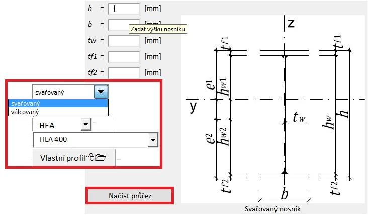 6.4 Návrh a posouzení hlavního nosníku Návrh profilu Po otevření listu Návrh a posudek HN je možné načíst průřez pomocí rozbalovacích seznamů z vytvořené knihovny profilů (viz kapitola 5.